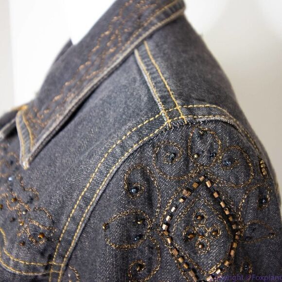 Laura Ashley brown beaded embroidered button up jean jacket, size M - Picture 12 of 16